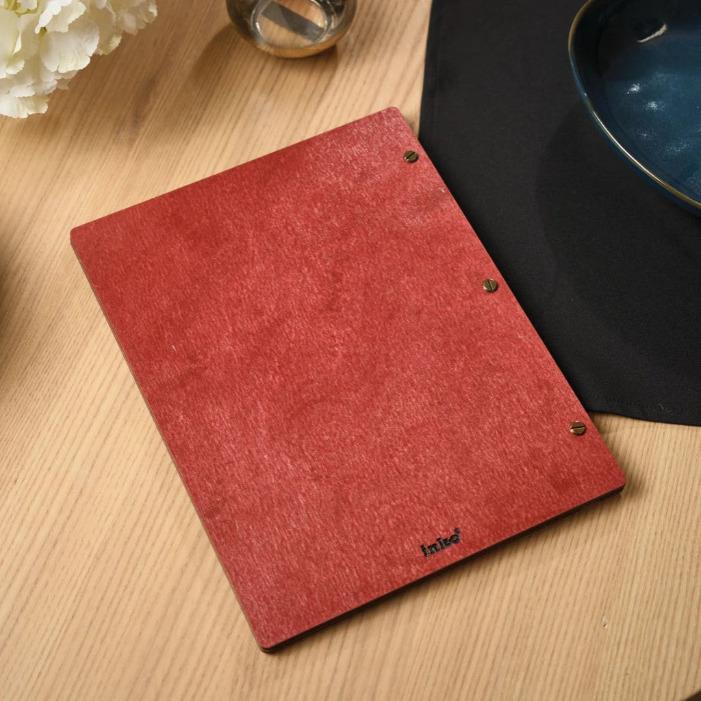 Back view of a premium red wooden menu folder featuring a durable textured finish and secure bronze screw-post binding. This handcrafted wood menu cover is designed for professional restaurant use and long-lasting durability