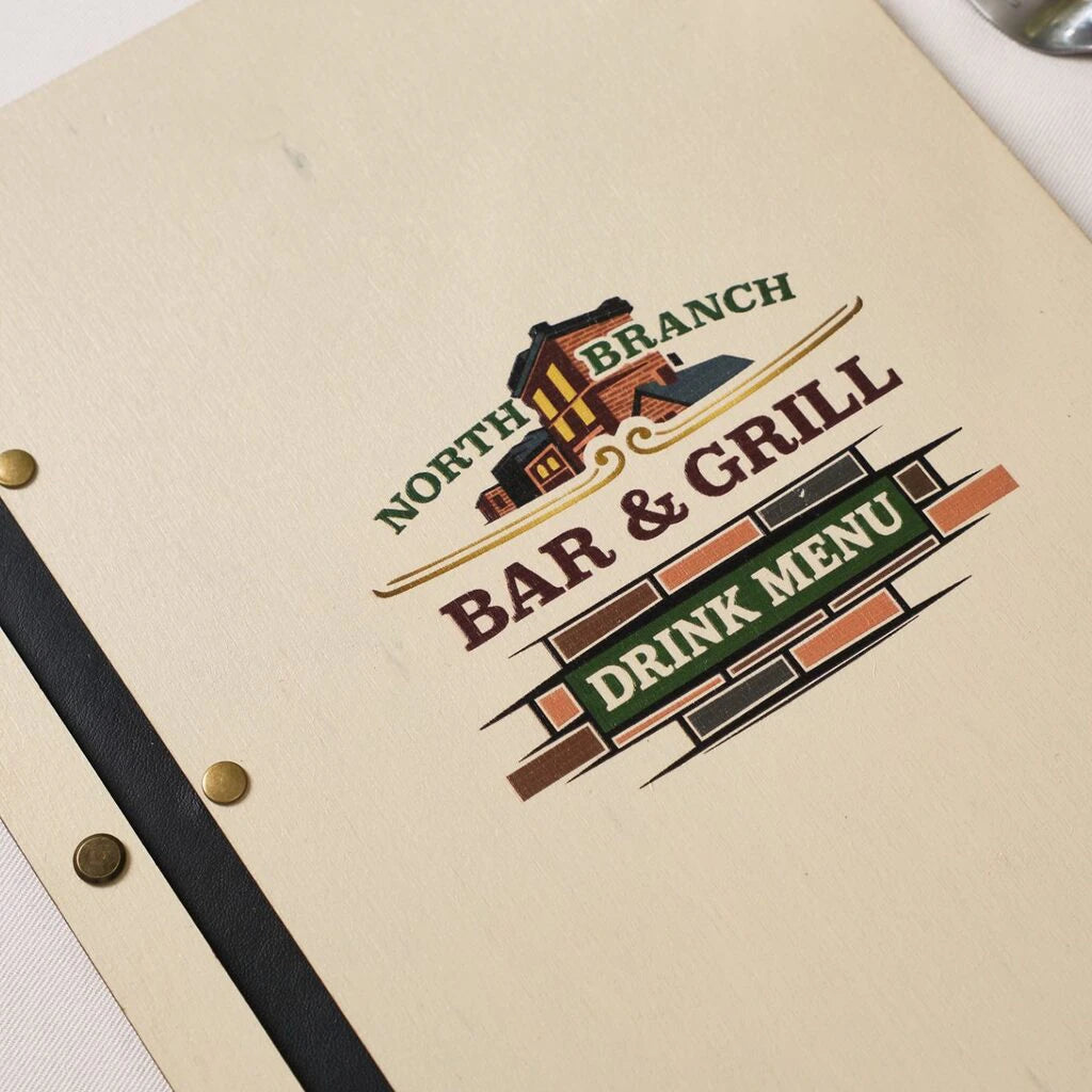 Custom wooden menu cover with North Branch Bar & Grill Drink Menu logo print and brass screws