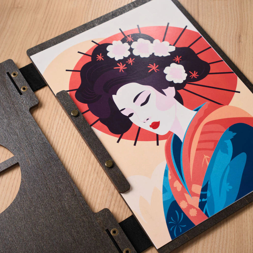 A detailed view of the front wooden cover featuring a large circular cutout with a central horizontal bar, revealing the light-colored tabletop beneath.