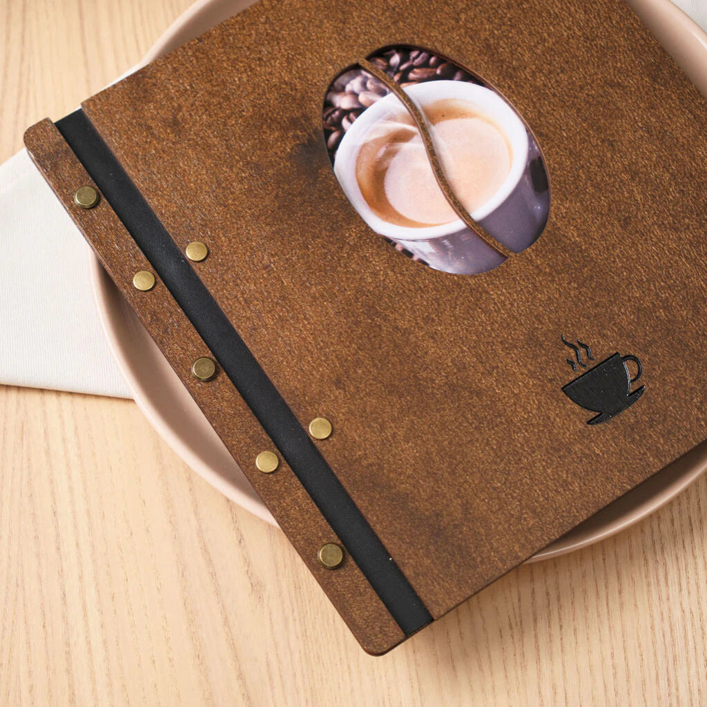 Interior view of an open wood menu folder displaying high-quality cocktail photography.