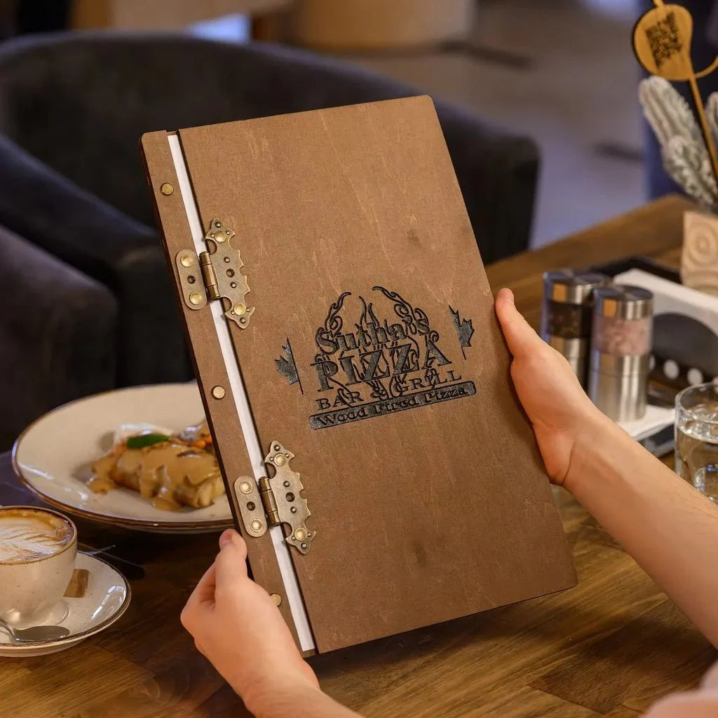 Functional menu sleeves with reinforced edges.