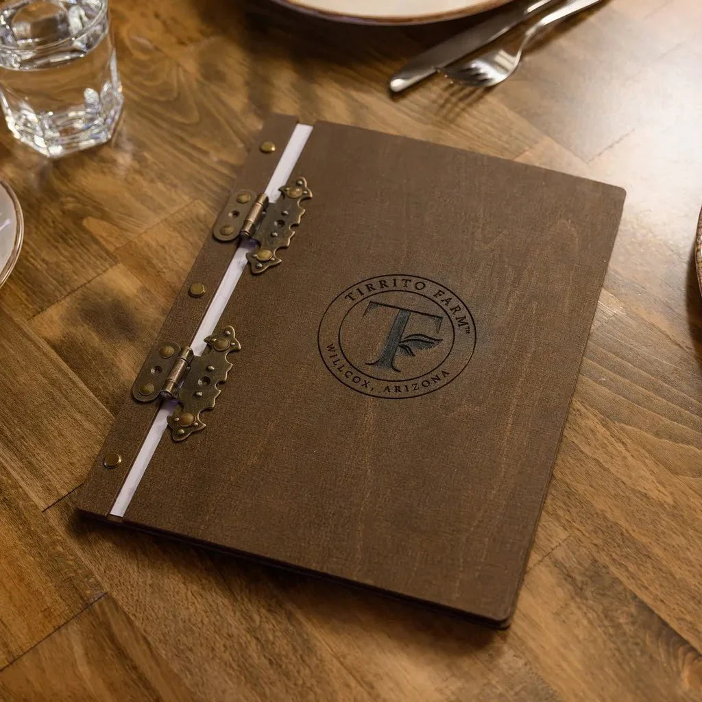Luxury menu books with a warm wooden touch.