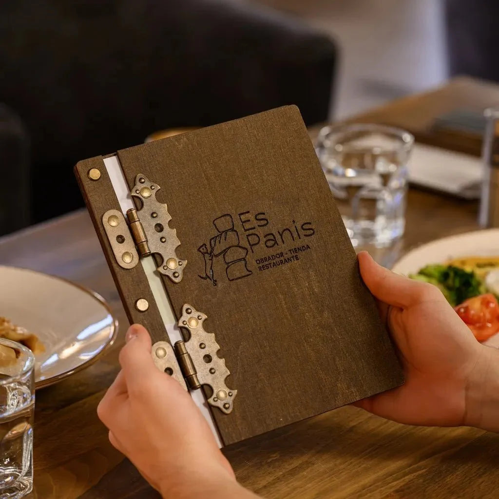 Custom menu sleeves with a rich wood texture.