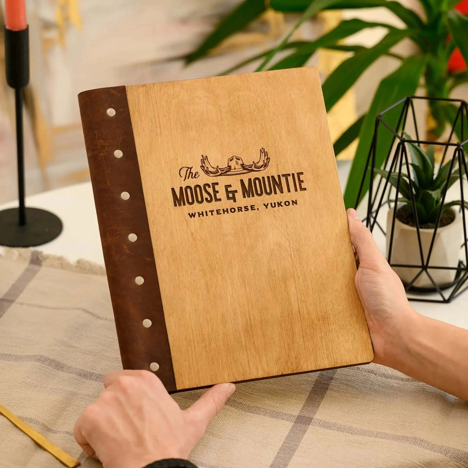 Wooden Menu Holder with Leather Spine (M03A2) - inkohoreca - shop