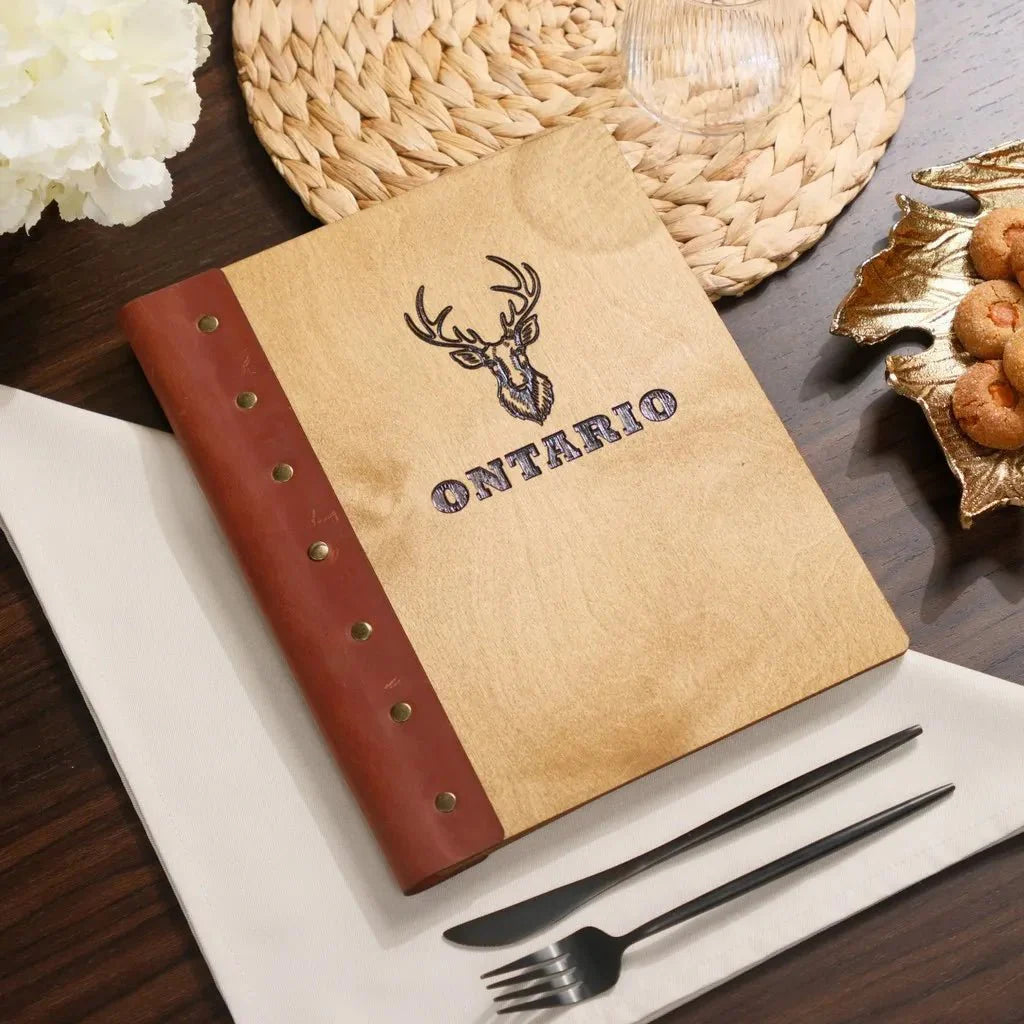 Personalized covers restaurant menu with branding options.