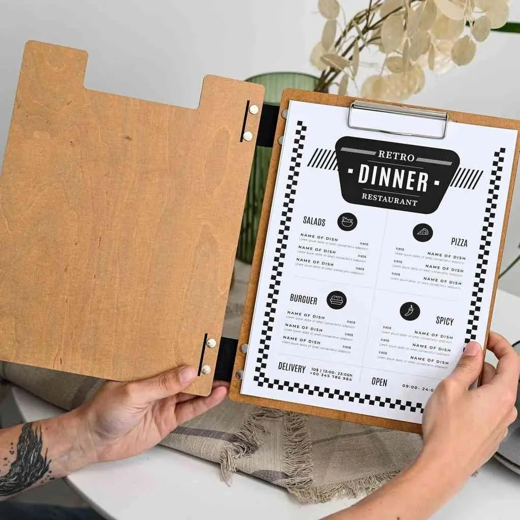 Wooden Menu Holder with Metal Binder (M07A2) - inkohoreca - shop
