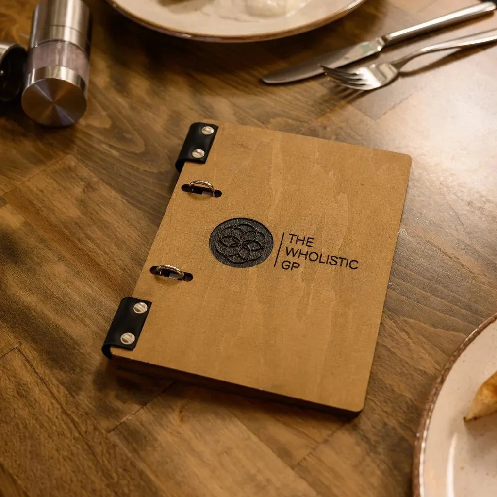 Handcrafted menu cover with a personal touch.
