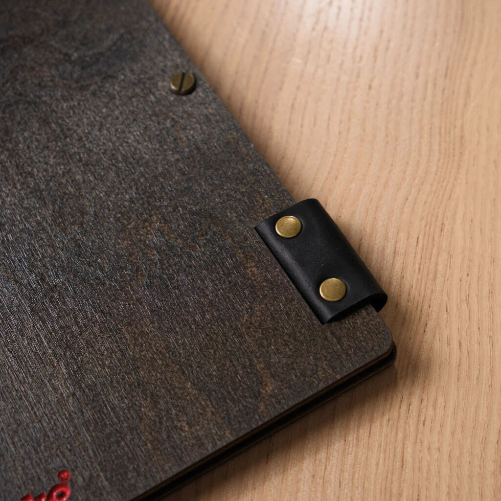 View of the back of the folder, highlighting a brass screw and leather hinge.