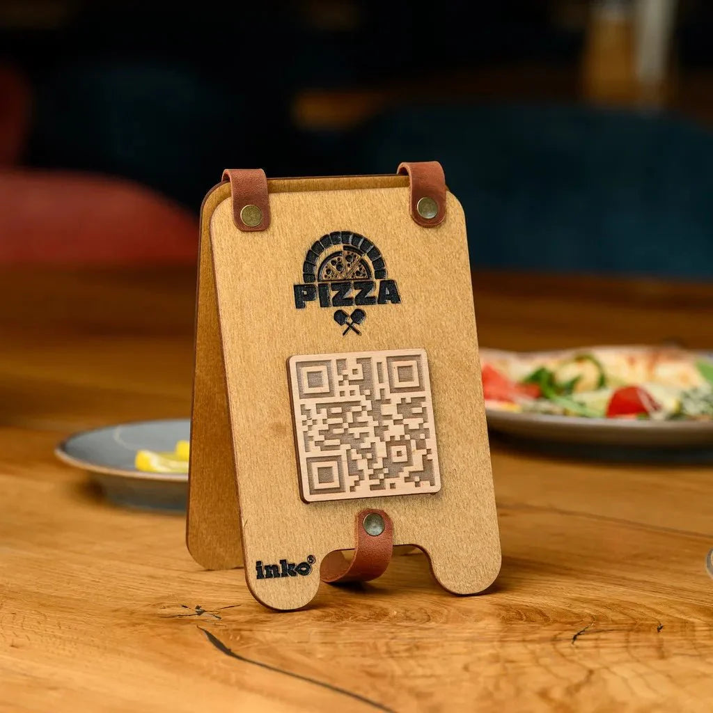 Personalized QR sign holder with logo engraving.