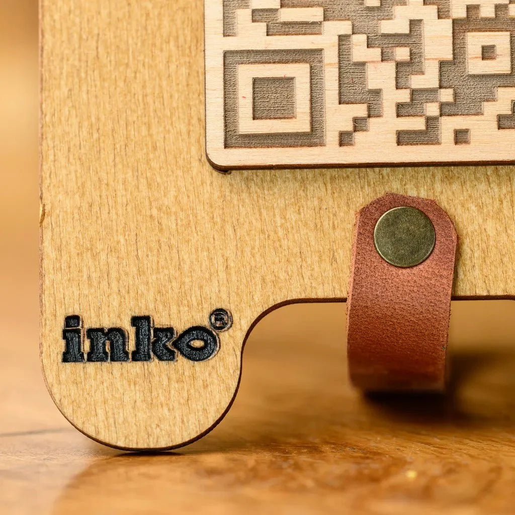 Premium wooden QR code stand for easy scanning.