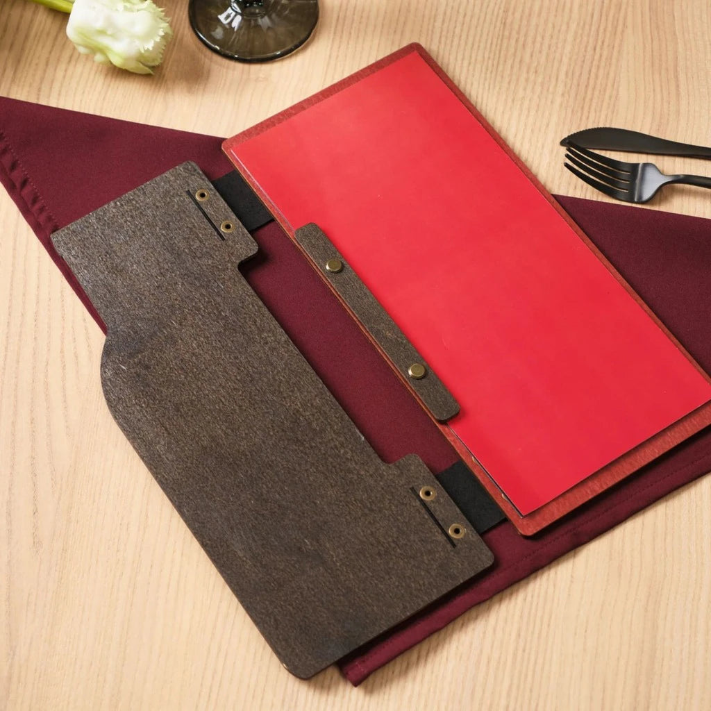 Internal view of an open wooden menu folder with a vibrant red interior and wine bottle cutout design. This handcrafted wood menu cover features professional bronze bolt binding for secure paper placement