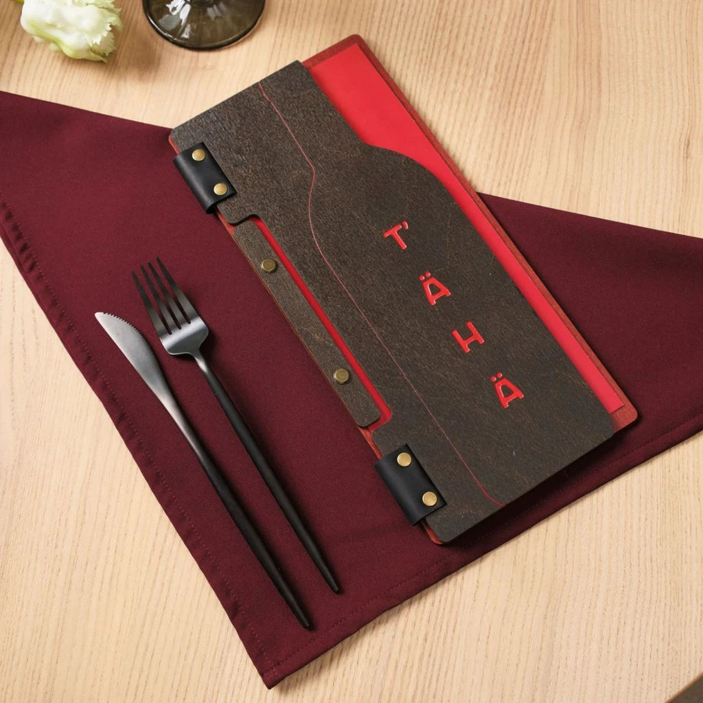 Unique wooden menu board with custom red engraving and wine bottle shape cutout for upscale restaurants and wine bars